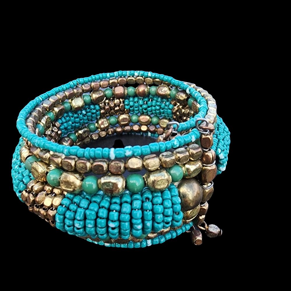 Beaded chunky statement green turquoise gold tone cuff bracelet fashion jewelry