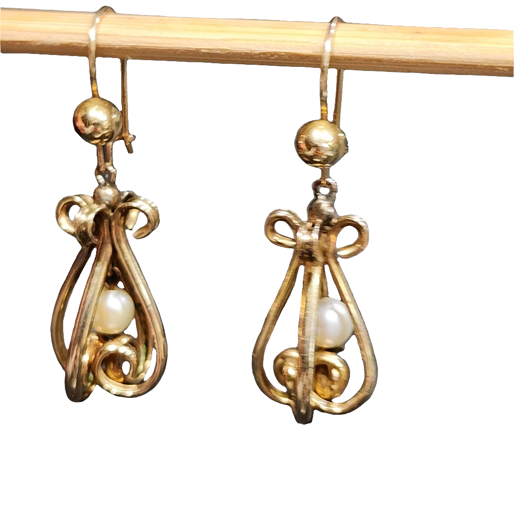 14k karat yellow gold pearl dangle earrings 7.1 grams