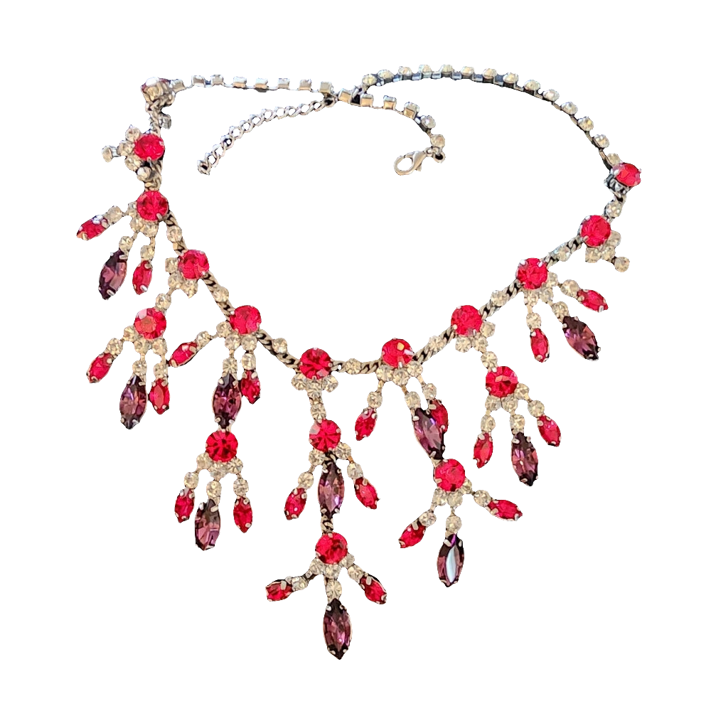 Lot of vintage rhinestone costume jewelry necklaces blue and red