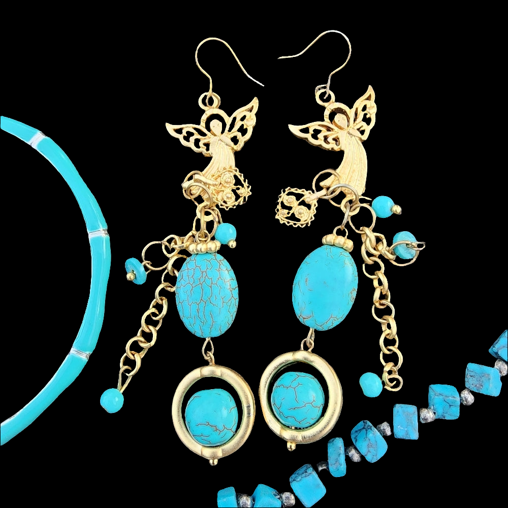 Bundle lot Turquoise Blue colors mixed media bracelets Necklaces Angel earrings