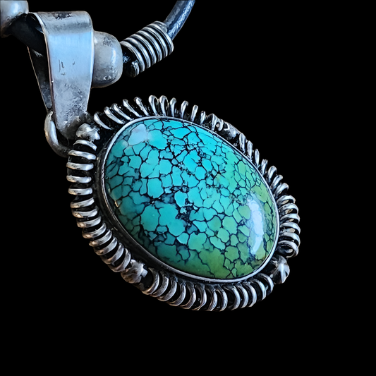 Vintage Native American Turquoise pendant by T Benally Navajo jewelry spider web
