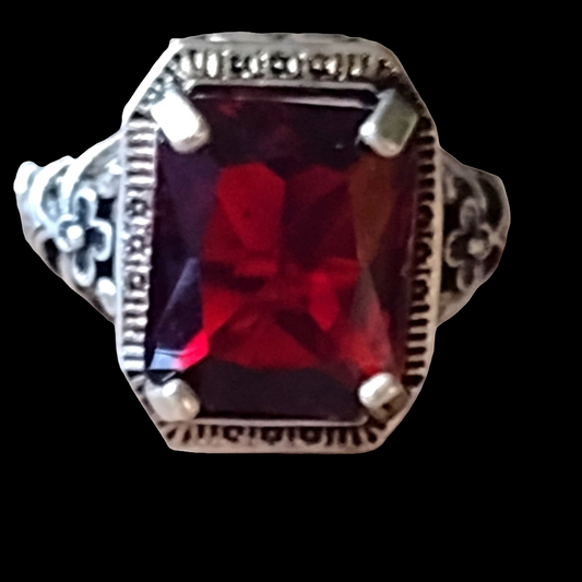Sterling silver ornate ring with Red Ruby color stone size 5.5 Fine Jewelry