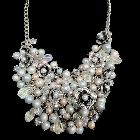 Costume fashion statement jewelry bib necklace pearl flowers Floral chunky