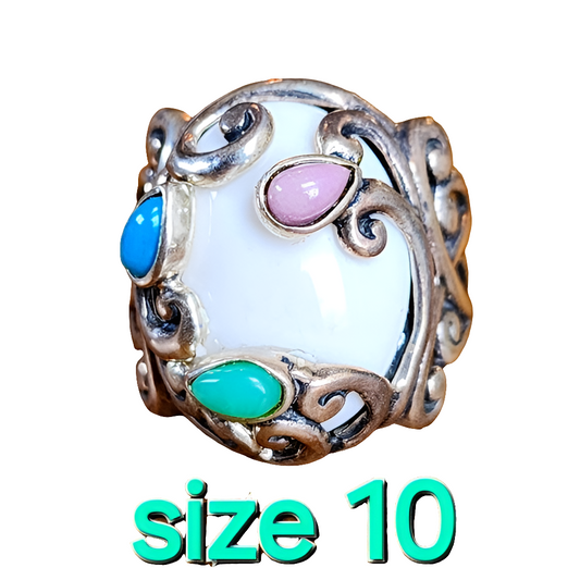 Sterling Silver Carolyn Pollack Relios Ring sz 10 White Agate Turquoise Jewelry