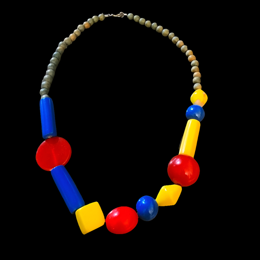 Vintage Color block Big Wooden Lucite Spool Necklace Bohemian