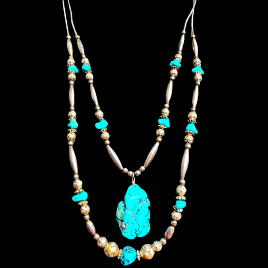 Native American liquid Sterling Silver 2 layer multi strand turquoise necklace