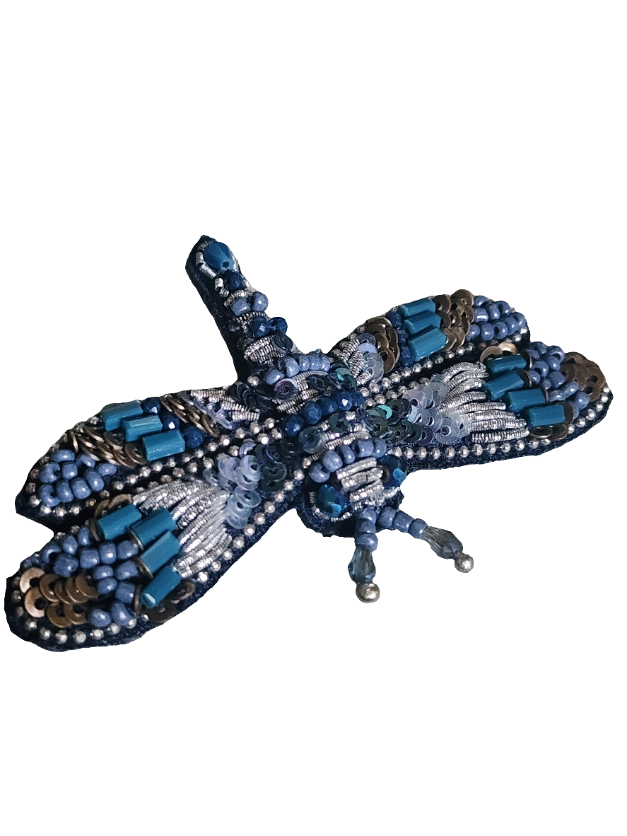 Embroidered handmade dragonfly pin brooch  blue tones