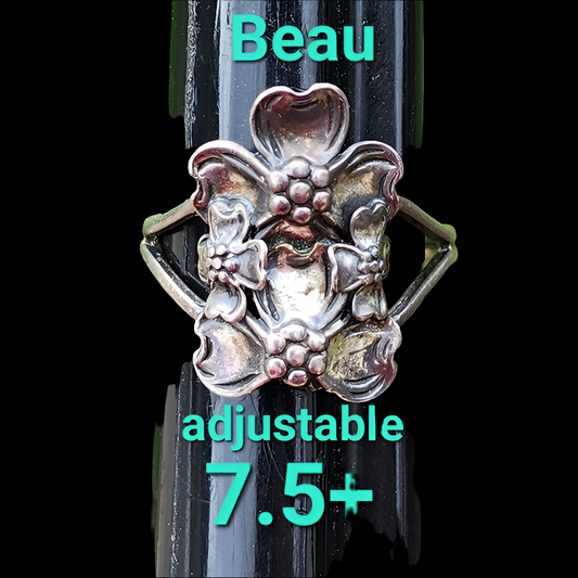 Vintage Beau sterling silver floral flower ring adjustable size 7.5 +