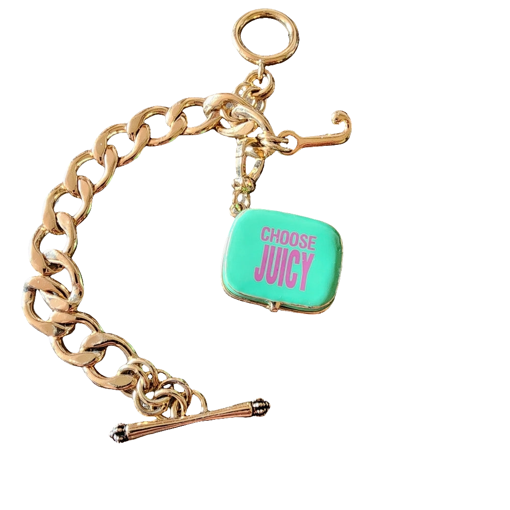 Juicy Couture gold tone charm bracelet green locket purse charm w rhines…