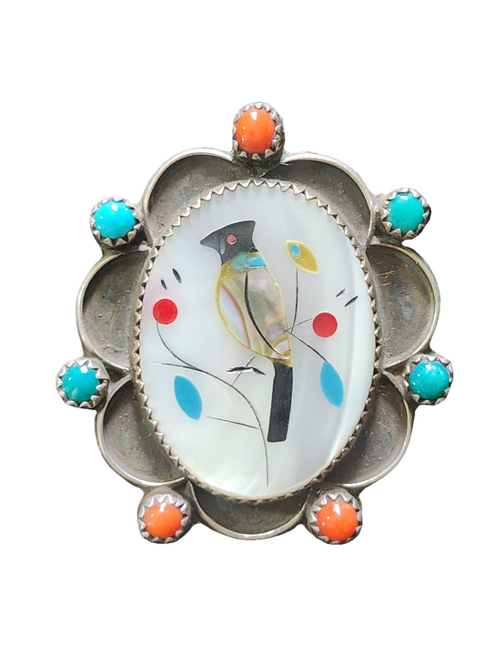 Native American Sterling Silver Zuni inlaid inlay bird pendant brooch pin