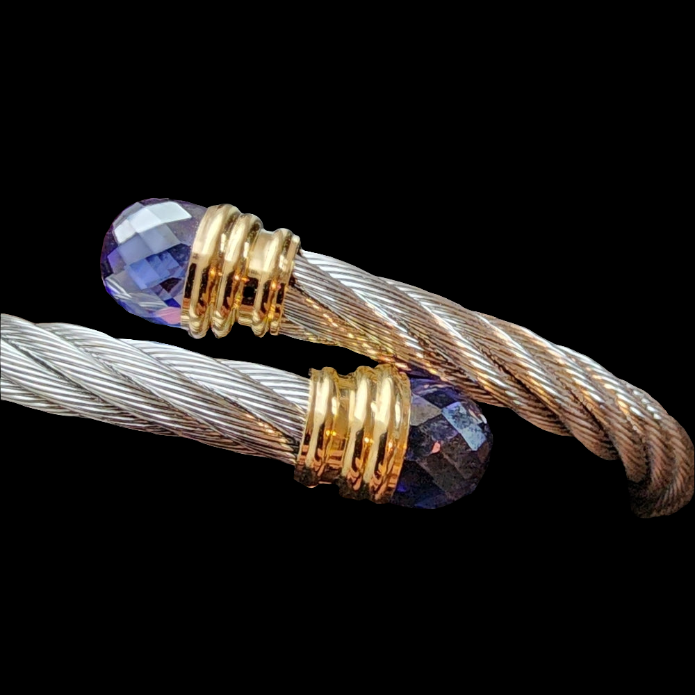 Designer T&T Stainless steel twist cable bracelet silver gold tone purple stone