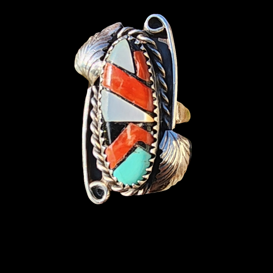 Artist signed JH Native Americans sterling silver Navajo inlaid ring size 6.75