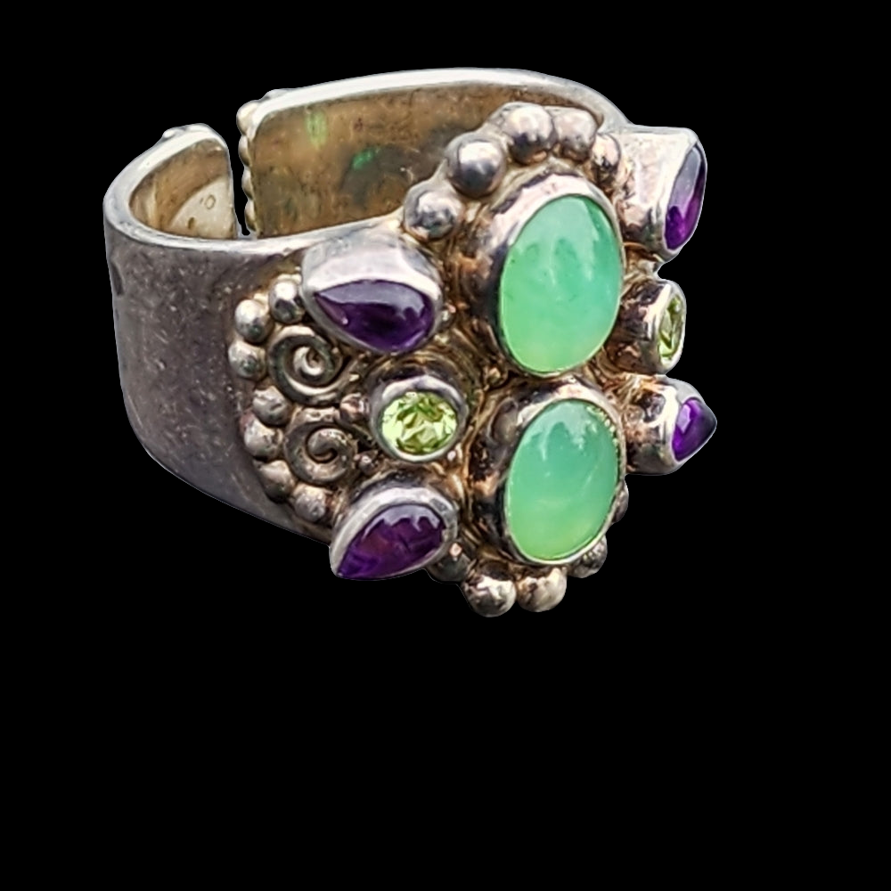 Sterling silver Sajen ring amethyst green jade cabachon size 10 fine jewelry