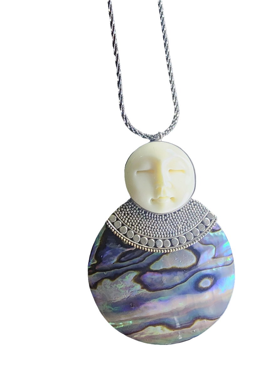 Sajen Style Moon face pendant and Necklace with abalone sterling silver