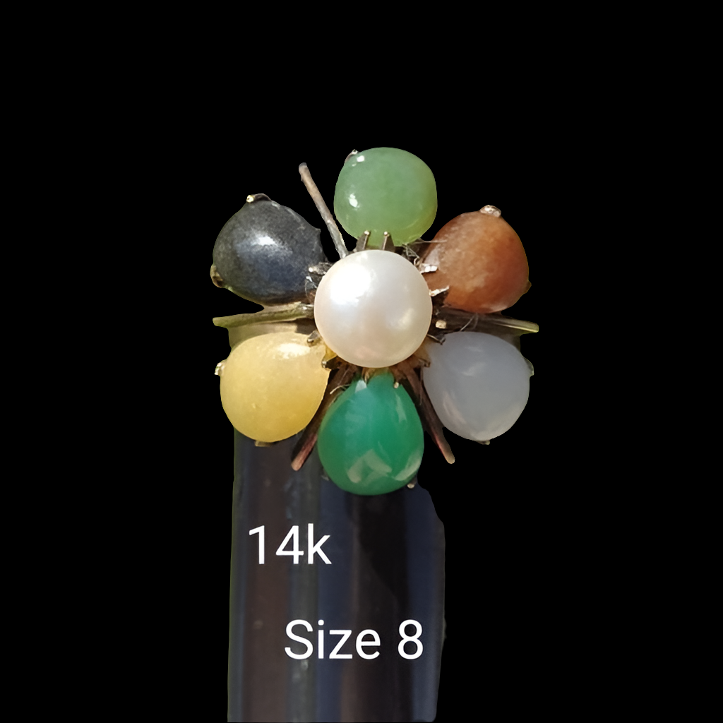 14 karat gold real pearl and multi gemstone ring size 8 14k  great investment