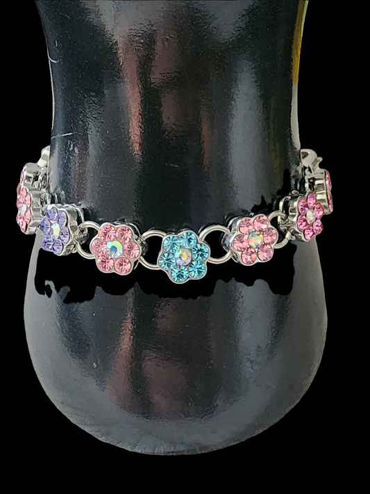 Rhinestone flower floral bracelet with pink blue