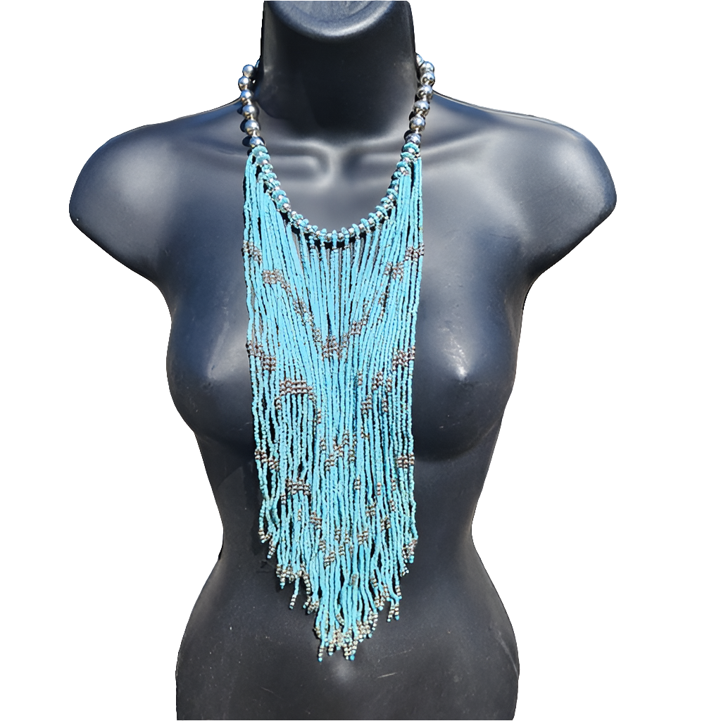 Fashion jewelry necklace silver tone turquoise blue bib multi strand beaded