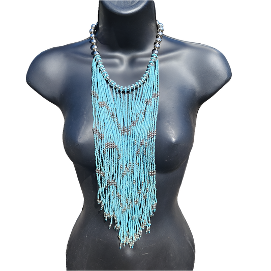 Fashion jewelry necklace silver tone turquoise blue bib multi strand beaded