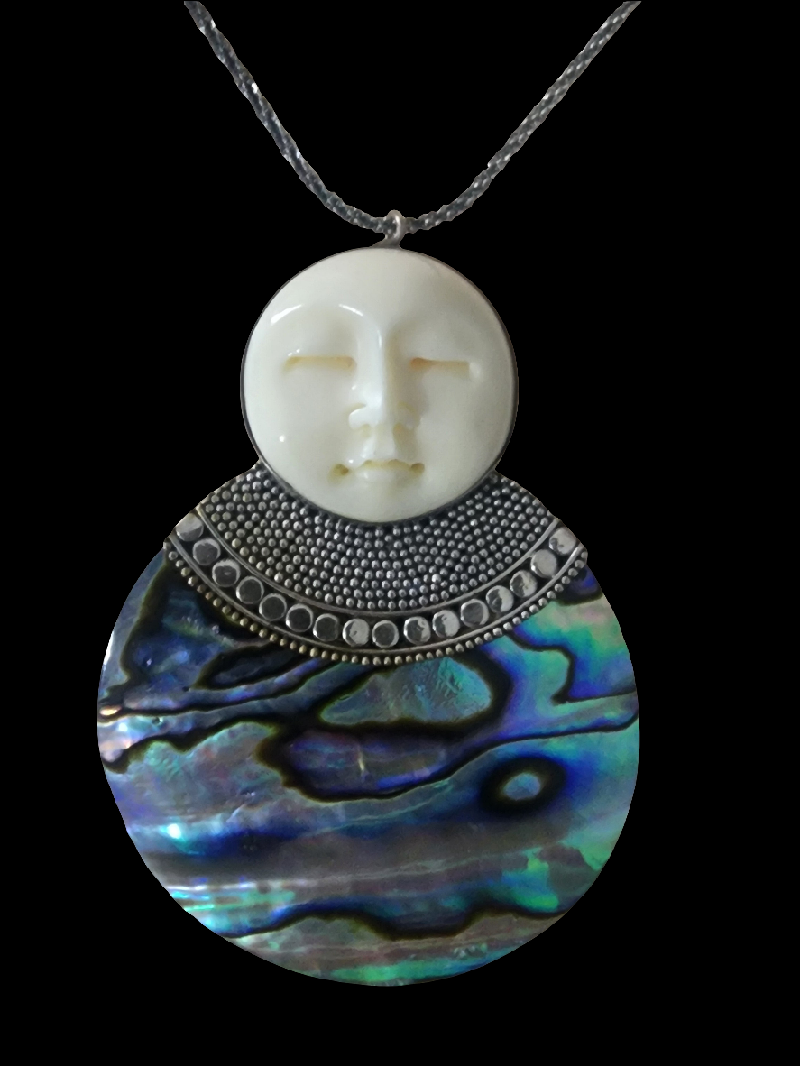 Sajen Style Moon face pendant and Necklace with abalone sterling silver