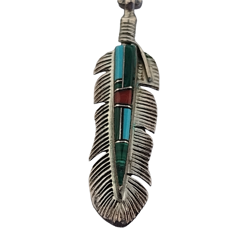 Sterling silver Native American inlay feather dangle necklace turquoise …