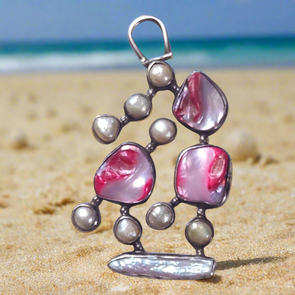 One of a kind sterling silver pendant with real pearls and pink mother of pearl