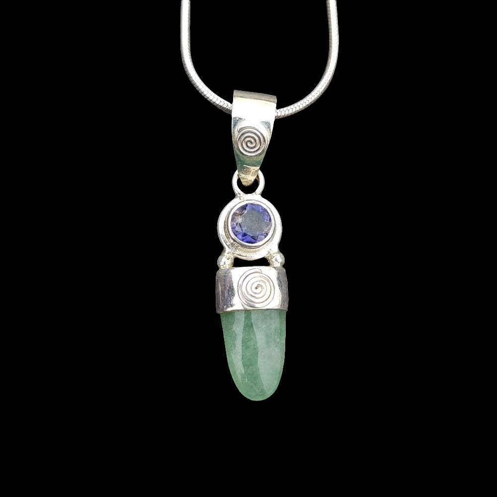 Sterling silver Sajen green jade cabachon amethyst pendant 925 Italy necklace