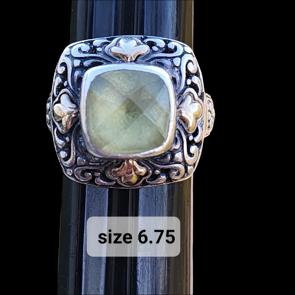 Samuel Benham sterling silver ring w 18k gold accents green Peridot size 6.75