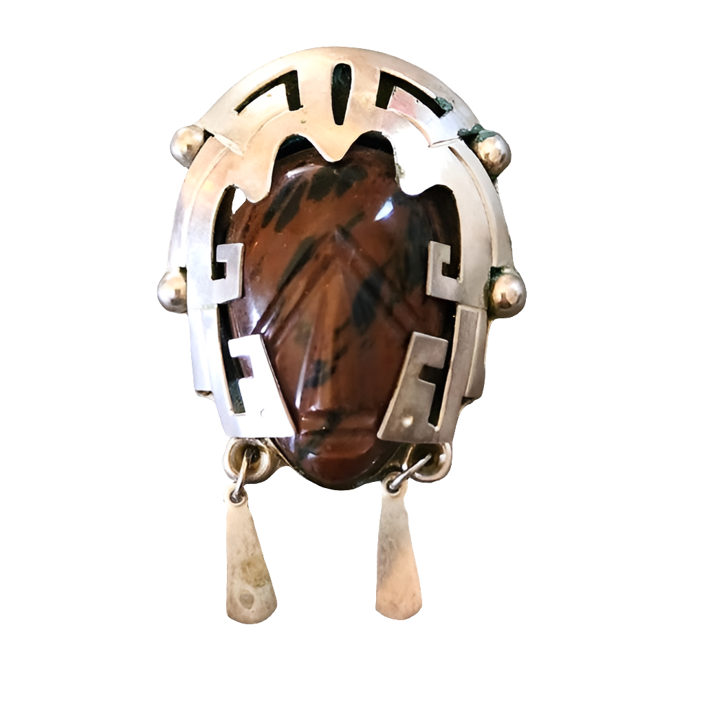 Vintage Mexican sterling silver carved stone face tribal mask pendant brooch pin
