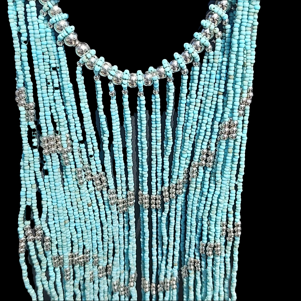 Fashion jewelry necklace silver tone turquoise blue bib multi strand beaded