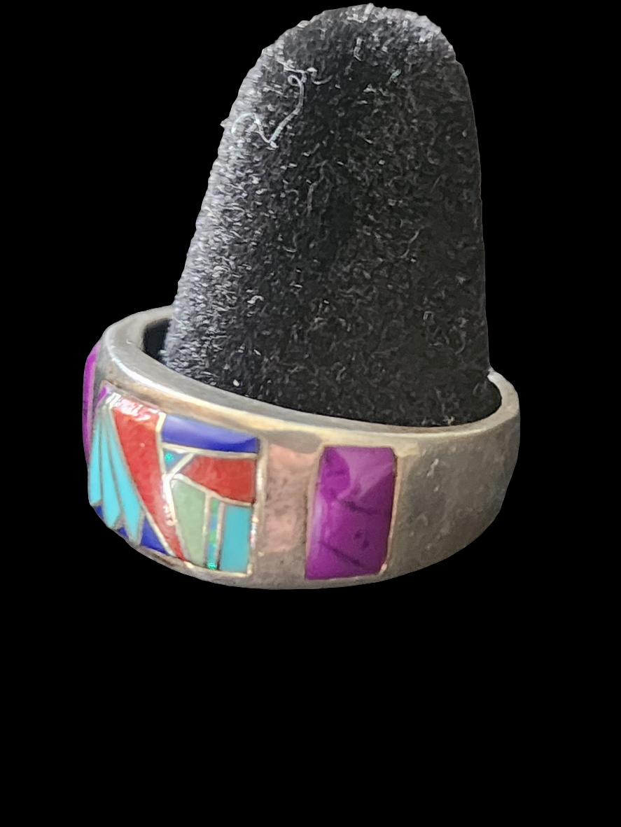 Multi stone inlay sterling silver ring turquoise Coral lapis size 8