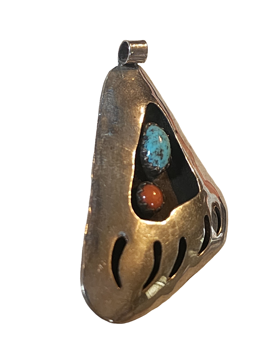 Native American Sterling Silver Bear claw pendant with Turquoise and coral