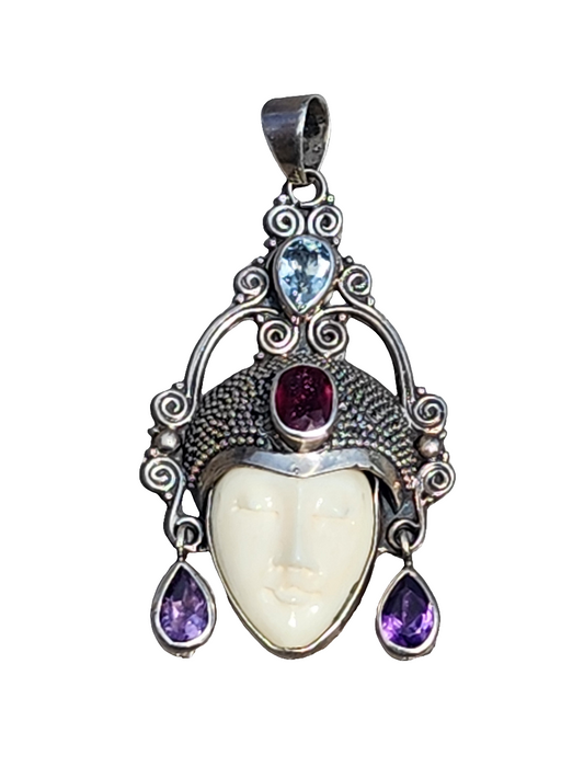 Sterling Silver Sajen Style face pendant with gemstones