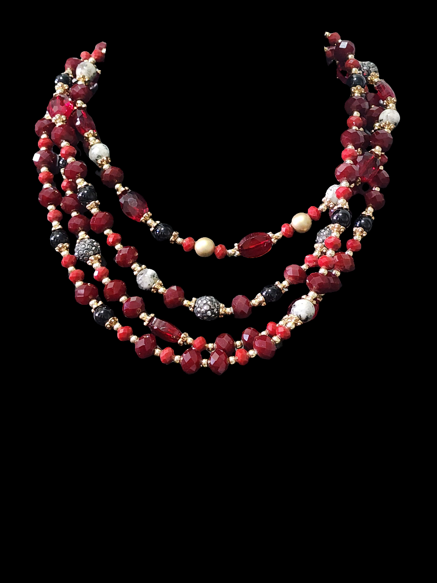 4 strand red glass & rhinestone beaded necklace