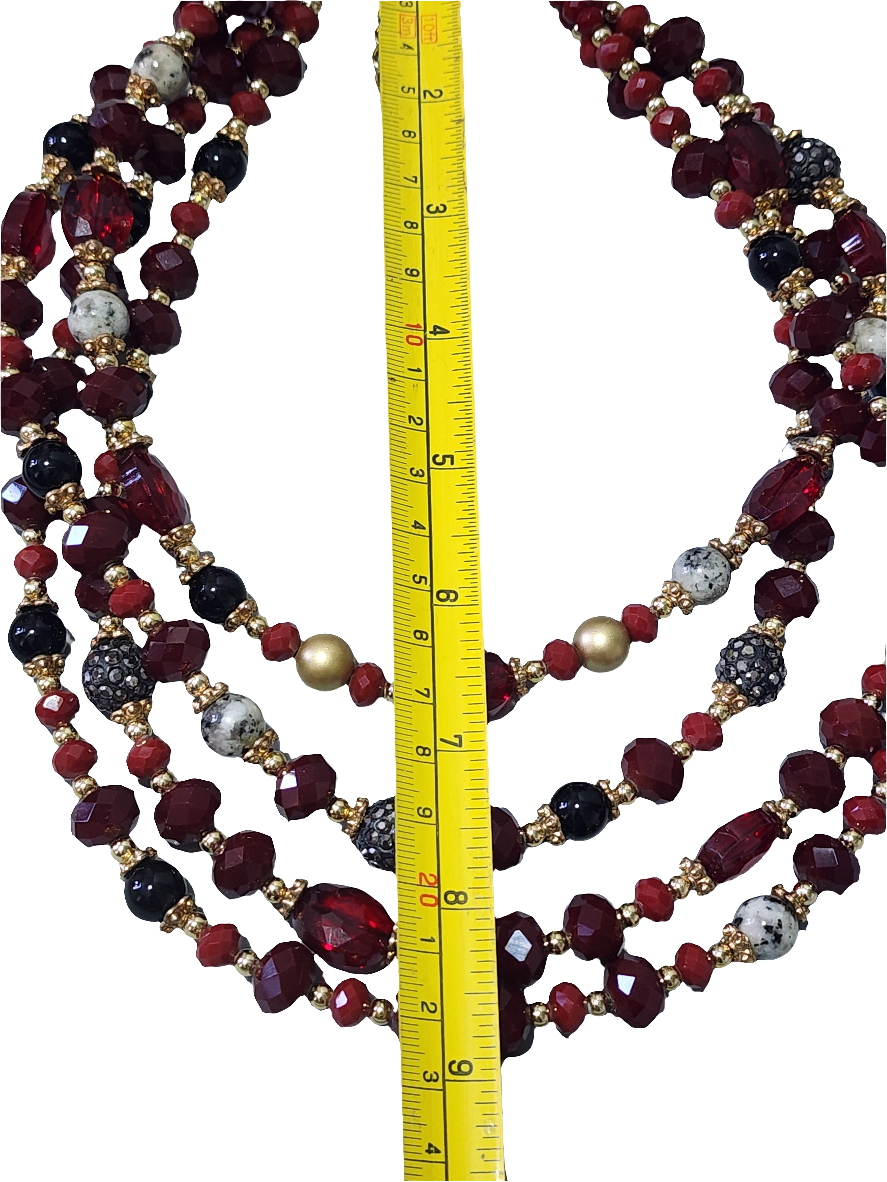 4 strand red glass & rhinestone beaded necklace