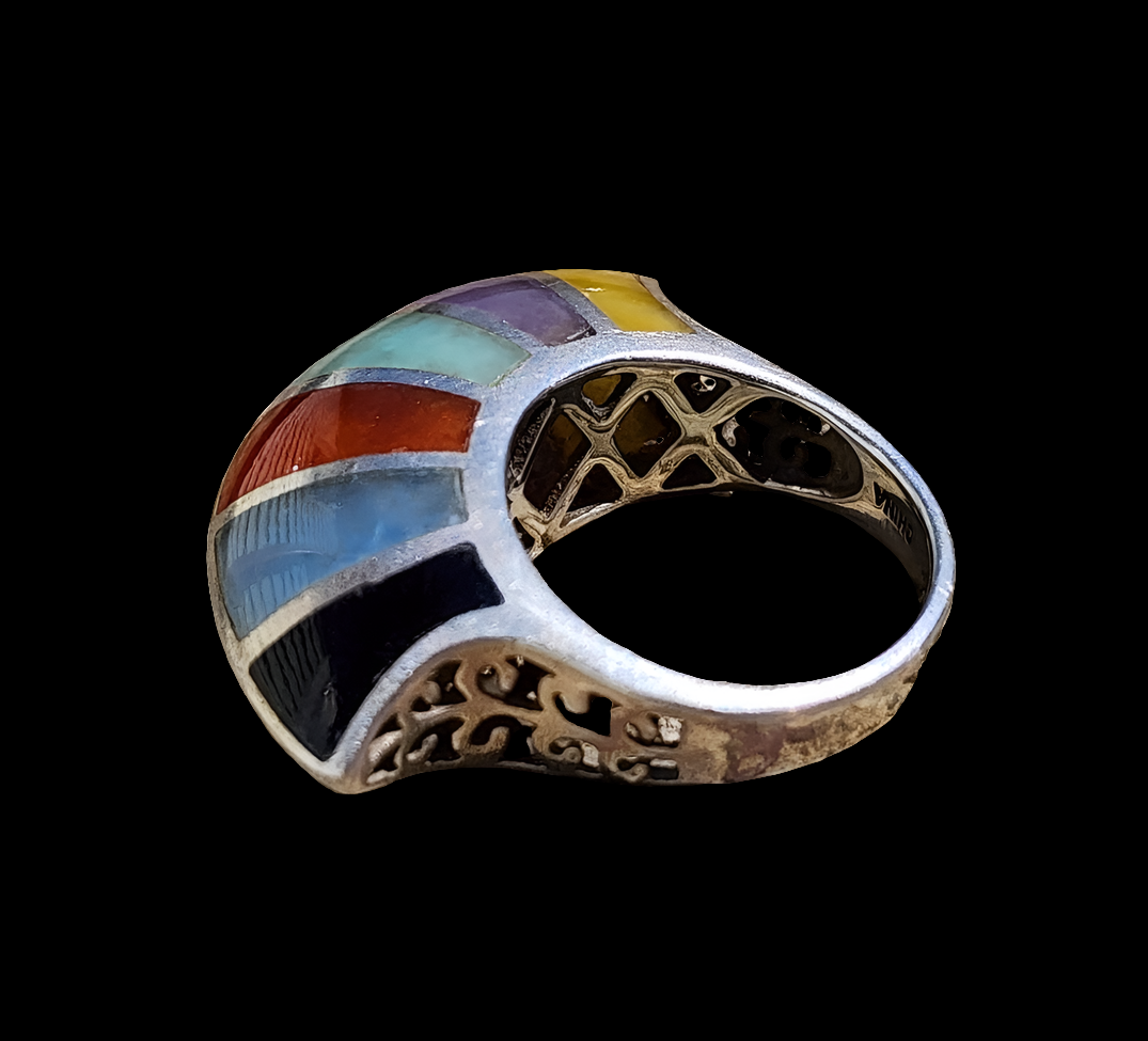 sterling silver multi Gem and laid ring modernist chunky size 9 Mid Century