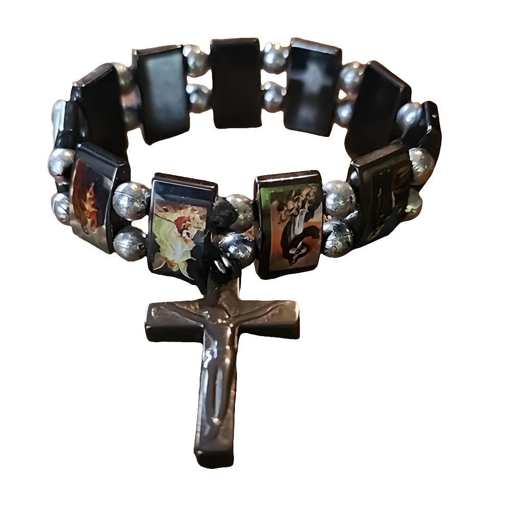 Religious picture hematite stretch bracelet mother Mary angle cross charm
