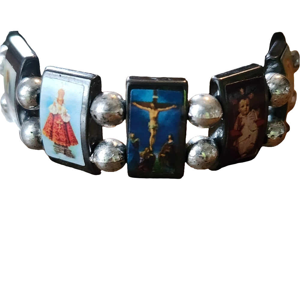 Religious picture hematite stretch bracelet mother Mary angle cross charm