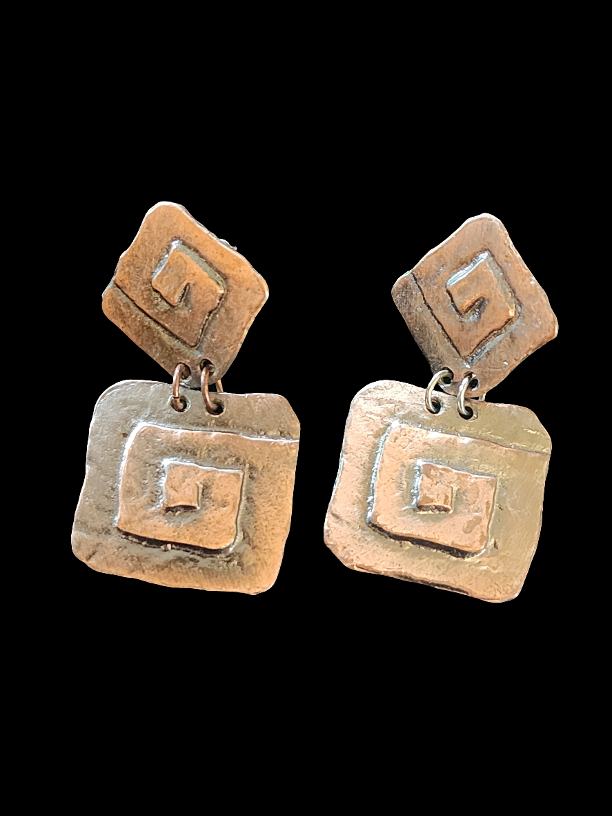 Vintage JJ Jonette bronze brutalist dangle pierced earrings designer