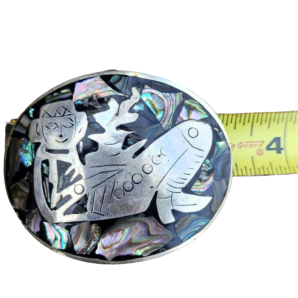 Vintage mother of pearl inlay Mexican belt buckle with figure