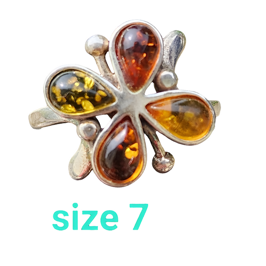 Vintage Sterling silver Amber ring size 7.75 multi color fine jewelry