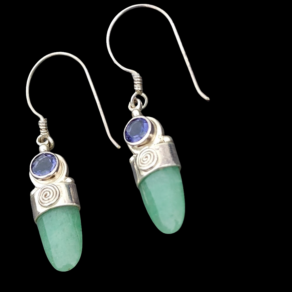 Sterling silver Sajen green jade cabachon amethyst drop dangle earrings jewelry
