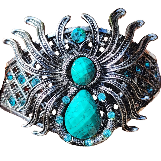 Rhinestone spider hinged bracelet costume fashion jewelry Halloween silver tone