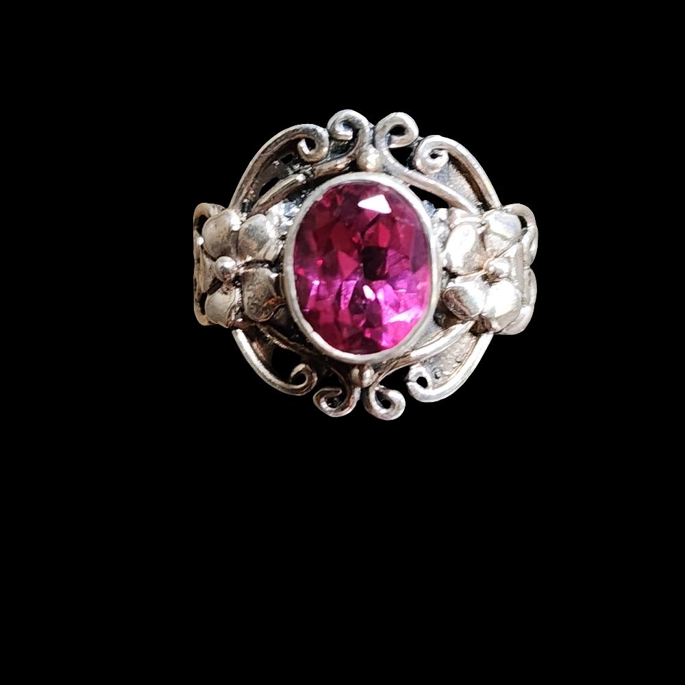 Sterling silver ring with flowers and pink stone size 8 Barbiecore jewelry