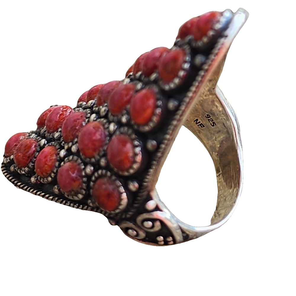 Huge chunky sterling silver red coral ring size 7.5 boho Southwestern