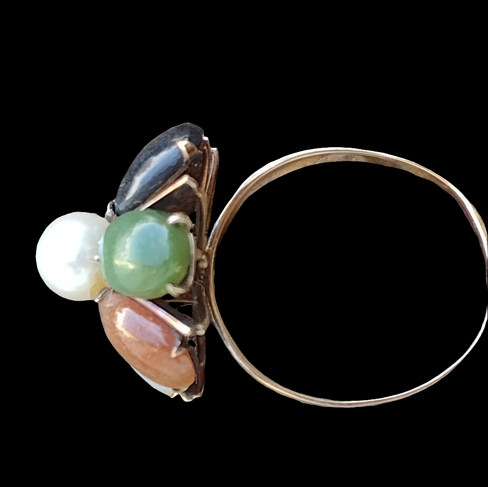14 karat gold real pearl and multi gemstone ring size 8 14k  great investment