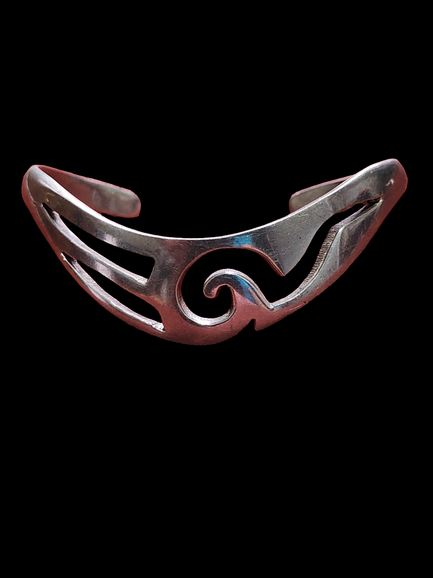 Sterling Silver Taxco Mexico cuff bracelet with wave design signed JAB