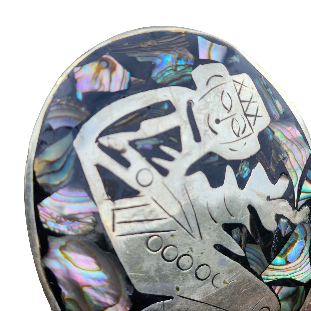 Vintage mother of pearl inlay Mexican belt buckle with figure