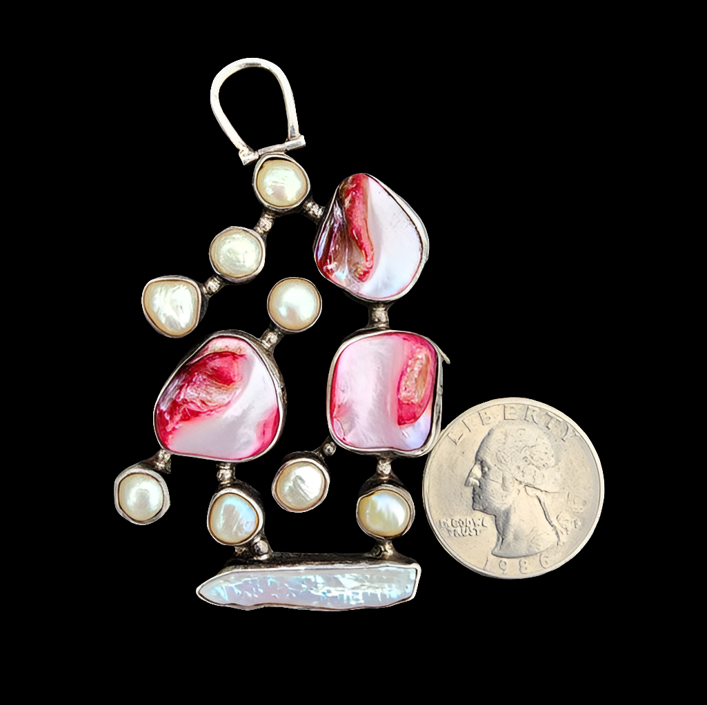 One of a kind sterling silver pendant with real pearls and pink mother of pearl