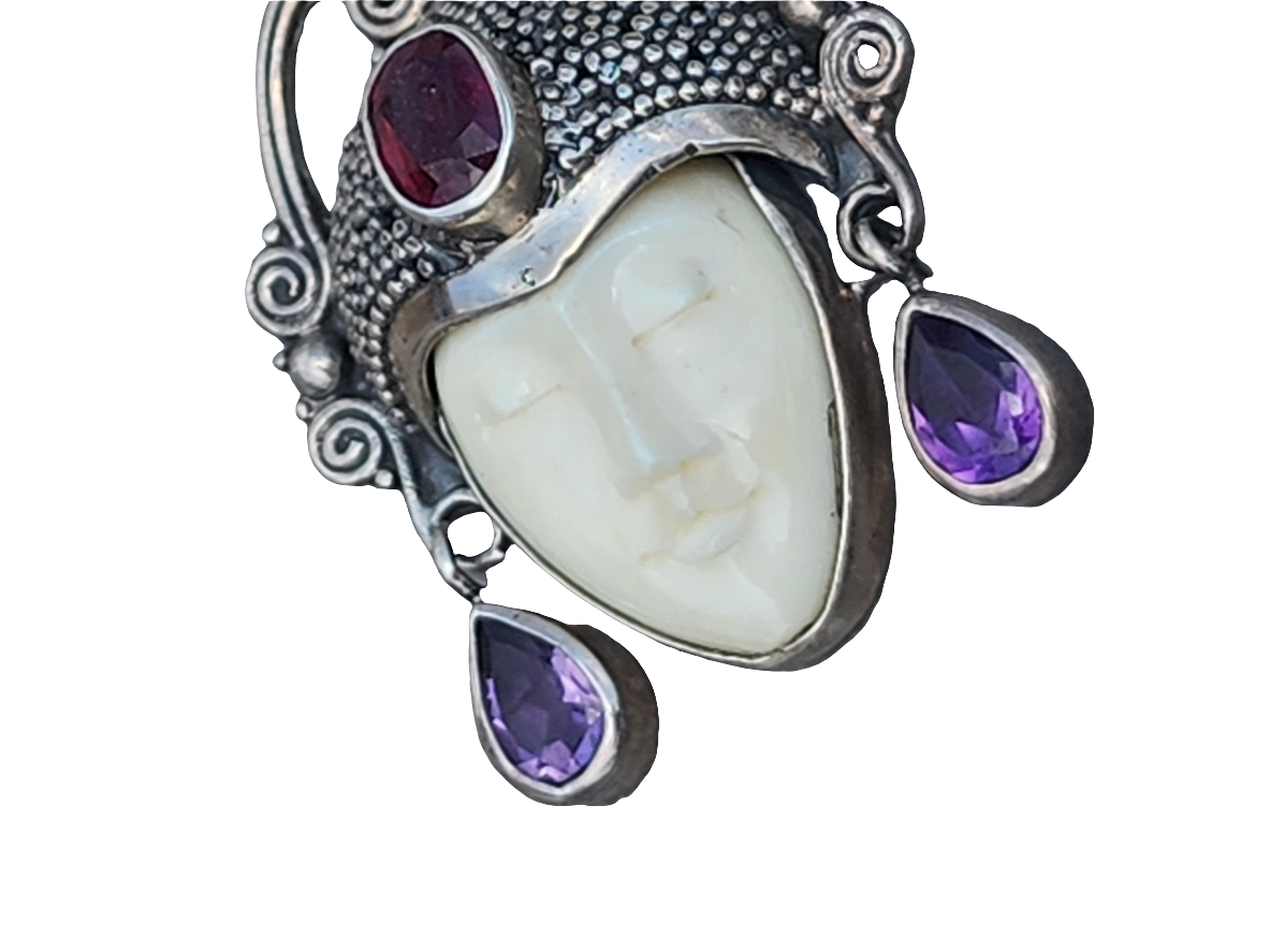 Sterling Silver Sajen Style face pendant with gemstones