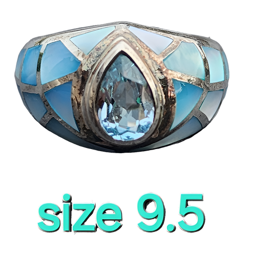 Sterling silver ring Chunky ring blue topaz &  mother of pearl size 9.5 jewelry